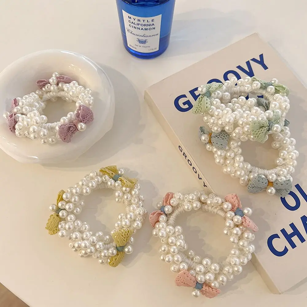 

Women Pearl Hair Circle Fairy Headwear Rubber Band Hair Tie Elegant Lovely Bow Female Hair Rope Hair Ring Girls Gift