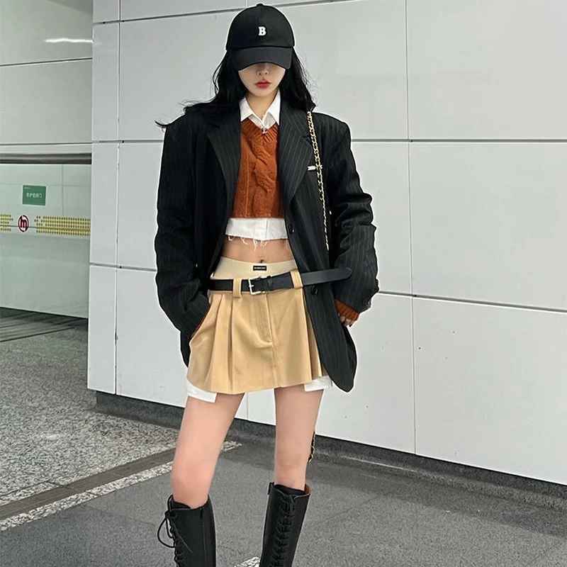 HOUZHOU Vintage Mini Cargo Skirt Women Y2k Style Irregular Patchwork High Waist Sexy Pleated Belt Micro Skirt Shorts Streetwear