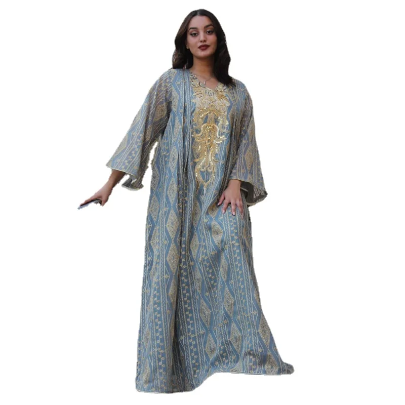 

Muslim Abaya Dress Dubai Ramadan Sequins Floral Embroidered Casual Loose Robe Moroccan Caftan Dresses For Women Jalabiya Evening