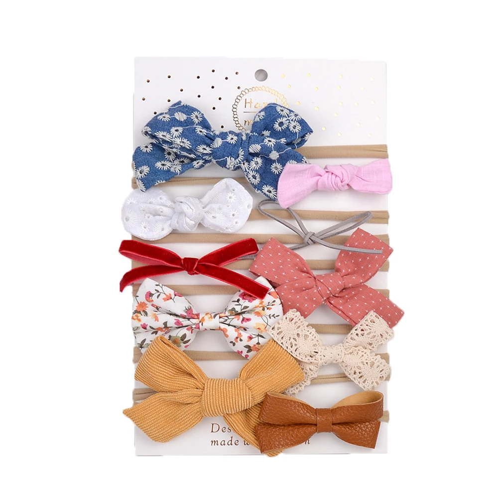 

10/12Pcs Solid Floral Baby Bows Headbands Set For Girls Dot Bowknot Nylon Turban Elastic Cotton Hair Bands Kids Hair Accessories