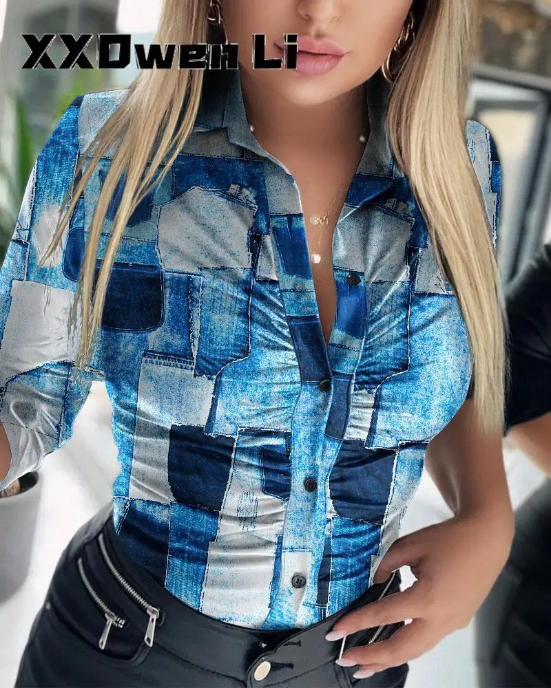 

Женская однобортная приталенная рубашка, повседневная плиссированная офисная рубашка с рукавом три четверти и принтом, женская одежда для весны и лета