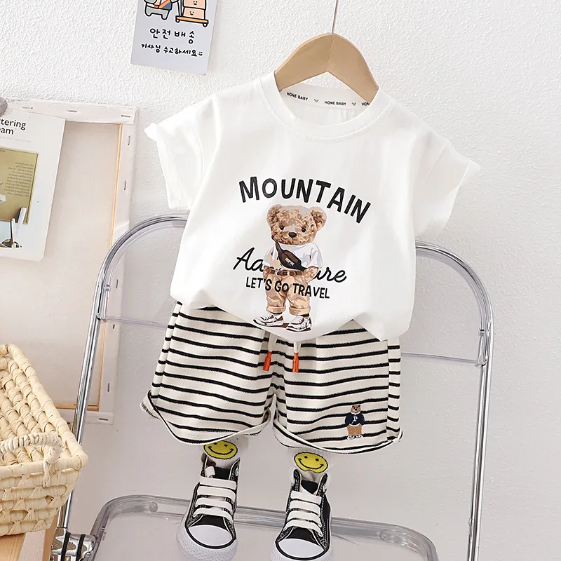

Одежда для маленьких мальчиков, летний комплект из 2 предметов с коротким рукавом и шортами в полоску с изображением медведя, хлопковая детская одежда для отдыха