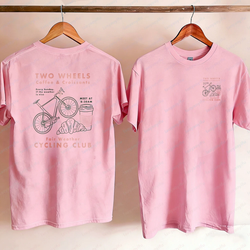 Фото Укороченная футболка Cycling Club с рисунком велосипеда, кофе и круассанов, футболка оверсайз, высококачественная хлопковая футболка №5