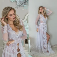 sexy white bridal nightgowns lace long sleeves v neck appliques prom party pajamas illusion photography bridal wedding sleepwear