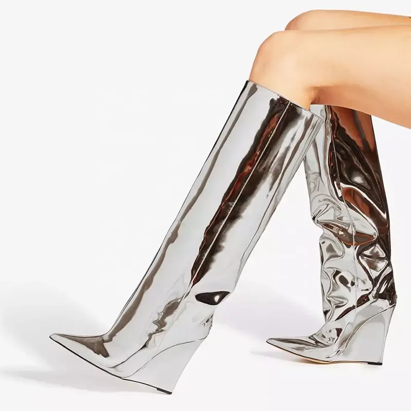 Women Custom Logo Patent Leather Knee High Booties Designer Wedge Heels Gold Metallic Long Boots Sexy Pointy Toe Shoes
