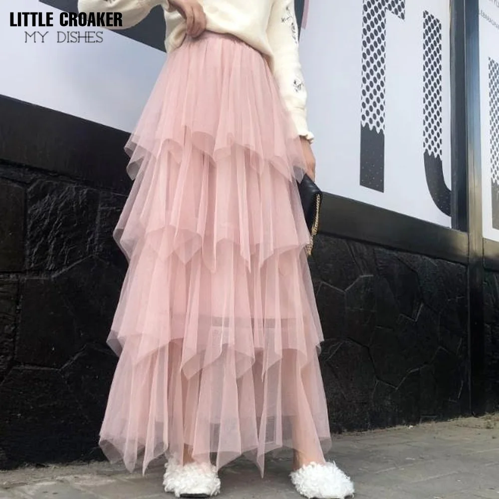 

Fall Winter Sweet Cake Layered Long Mesh Asymmetrical Princess High Waist Ruffled Vintage Tiered Tulle Pleated Ins Skirts Alt