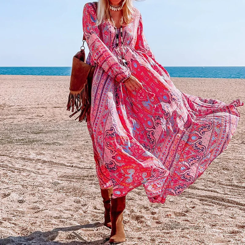 

New Elegant Casual Print Long Dress Fashion V Neck High Waist Lace-up Maxi Dress Autumn Spring Long Sleeve Holiday Pleated Dress