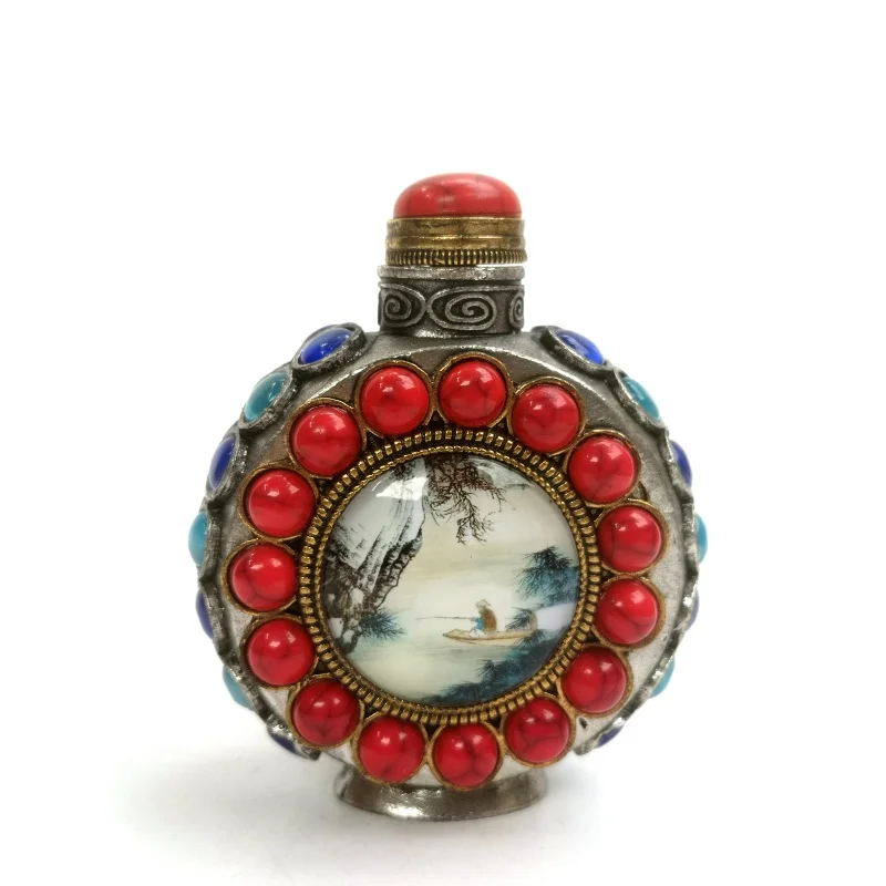 

CULTUER ART Collection Old Chinese Tibet Silver Hand Inlay Jewelry Painting Landscape Snuff Bottle Decoration Gift