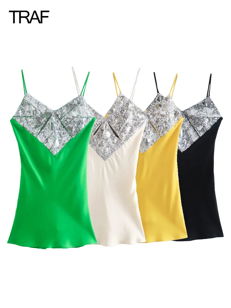 

TRAF 2022 Summer Slip Dresses Sequin Backless Sexy Mini Dress Woman Club Outfits For Women Chic Dress With Corset For Party