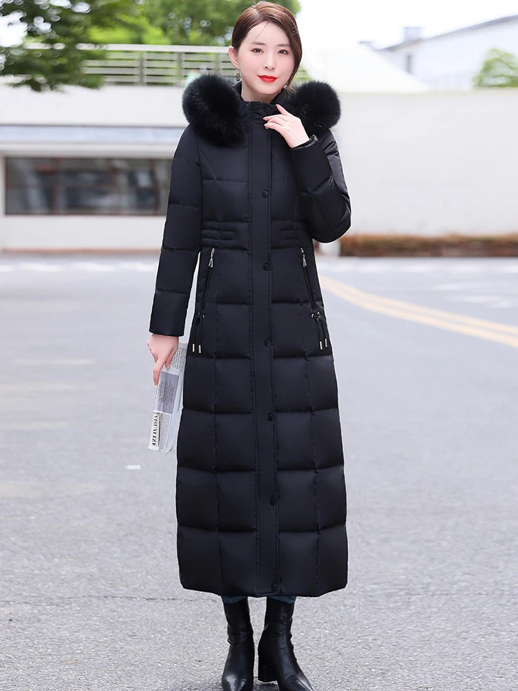 New Women Long Down Coat Winter Fashion Hooded Two-colour Real Fox Fur Collar Thicken Warm Down Jacket Female Slim Overcoat