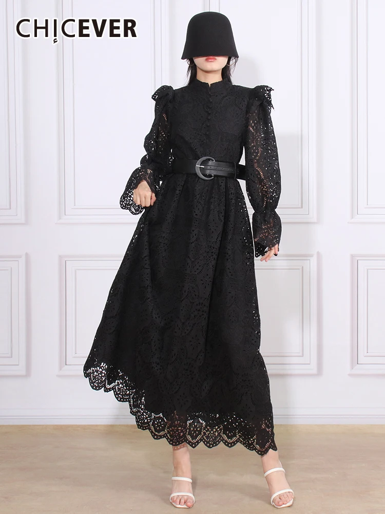 

CHICEVER элегантные однотонные платья для женщин с воротником-стойкой, рукавами-фонариками, высокой талией, Соединенным поясом, темпераментное Открытое платье для женщин