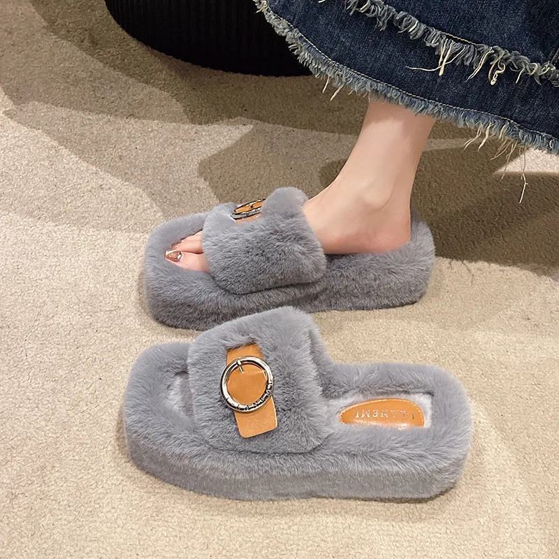 Summer Fluffy Raccoon Women Fur Slippers  Square Head Thick Heel   Flip Flop Flat Furry Fur Slides Sandals  Amazing  Girl Shoes