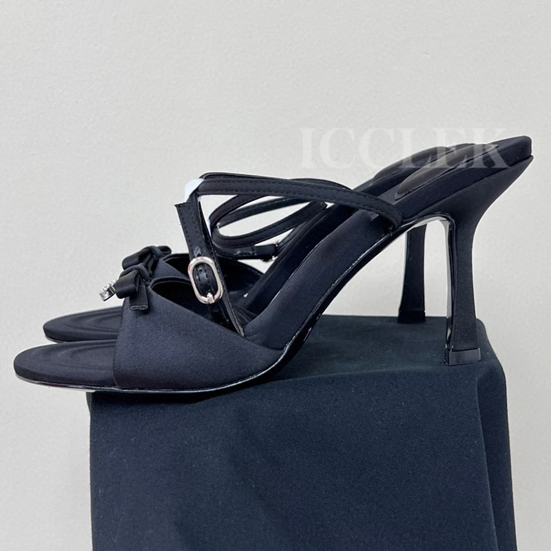 

Female Slippers 2023 Summer New Butterfly-Knot Decor Open Toe Sexy Super High Heels Narrow Band Design Banquet Female Pumps