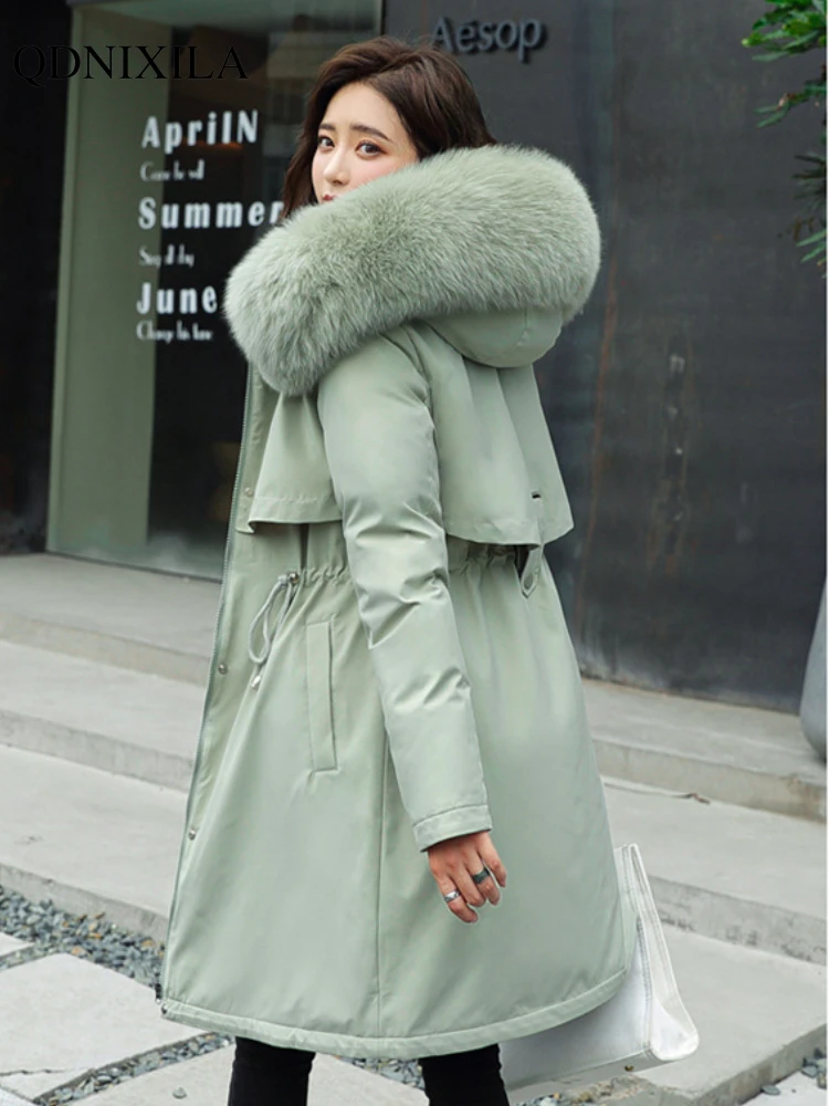 2023 Winter New Women's Parkas Plush Cotton Jacket Thick Coat with Hood Oversized Midi Long Wool Collar Warm Padded Hot Coats