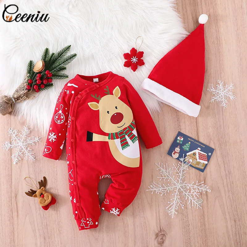 

Ceeniu My First Christmas Baby Costume Jumpsuit+Hat Cartoon Deer Bodysuit For Newborns New Year Clothes Baby Christmas Romper