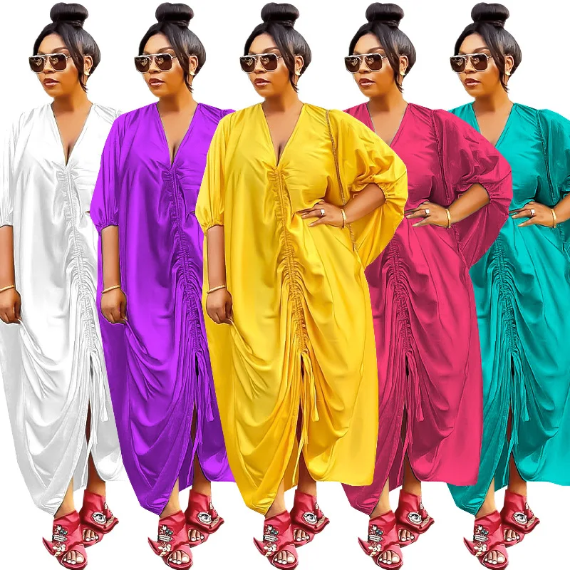 

2022 Summer New Arrival African Women V-neck Polyester Solid Color Long Dress African Robes African Clothes Women