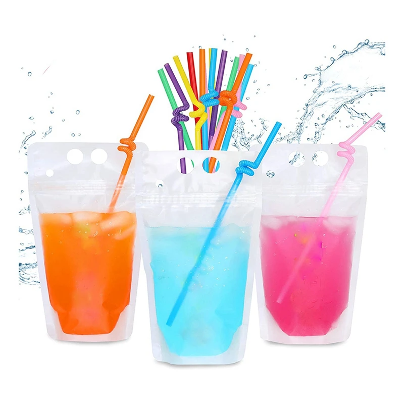 

100Pcs 16Oz Drink Pouches For Adults - Drink Pouches With Straws X100 - Resealable Smoothie Pouches