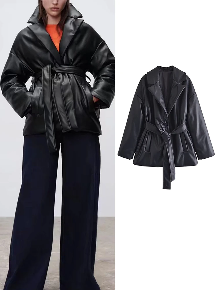 

TRAF Winter Thick Warm Parkas WIth Belt Women Fashion Black PU Leather Coats Female Elegant Zipper Cotton Jackets Female Ladies