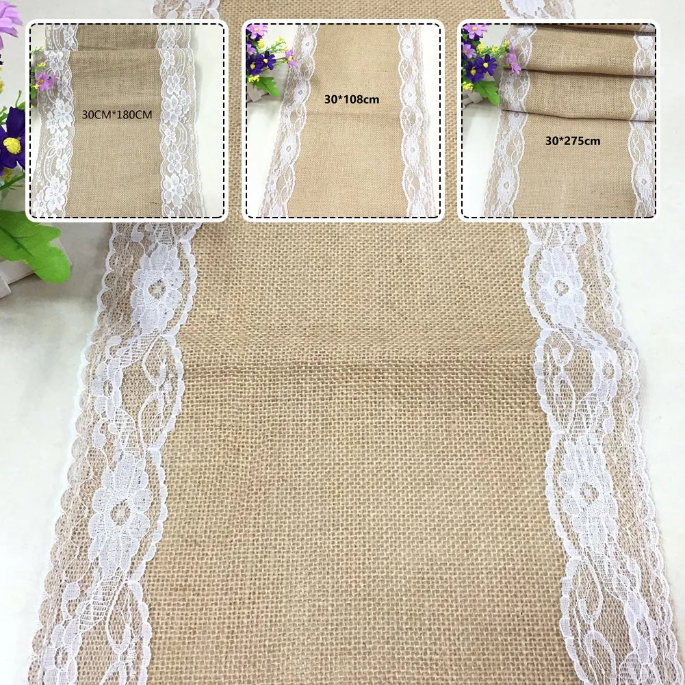 Vintage Burlap Hessian Table Runners Wedding Decoration Jute Linen Lace Rectangular Dining Tablecloth Home Table Decor images - 6