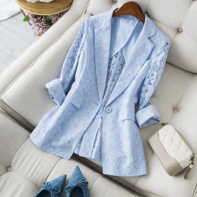 

2022 Spring Summer Suit Women Coat 6XL Plus Size Sunscreen New Lace Flower Blazers Blouse Jacket Air-Conditioned Jackets