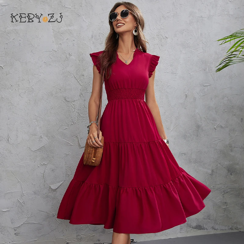 

KEBY ZJ 2022 Solid Color Long Women Dress Vintage Elegant Sleeveless V-Neck Red Dress Ladies Office Party Casual Maxi Dresses