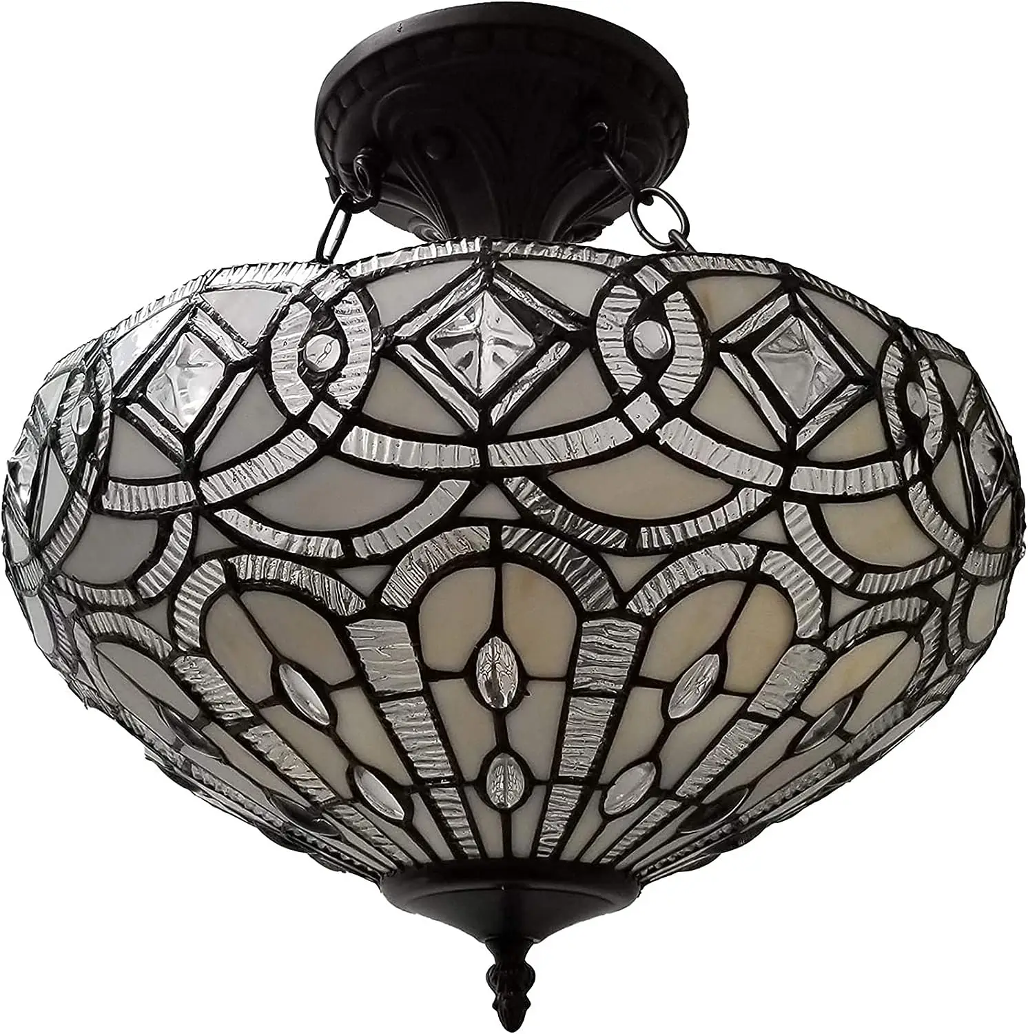 

Tiffany Style Ceiling Lamp - 16\u201D x 17\u201D White Jeweled Stained Glass Chandelier Lighting - Antique Dining Room Light Fix