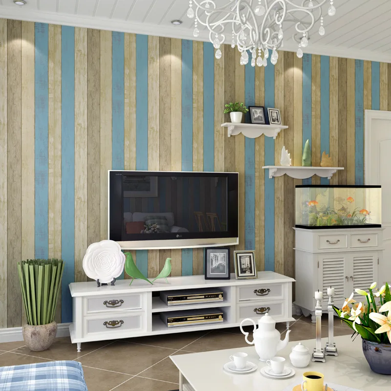 

Modern Non-woven Wall Paper Faux Wood Grain Mediterranean Wallpaper Vintage Waterproof Wall Stickers Panel Removable
