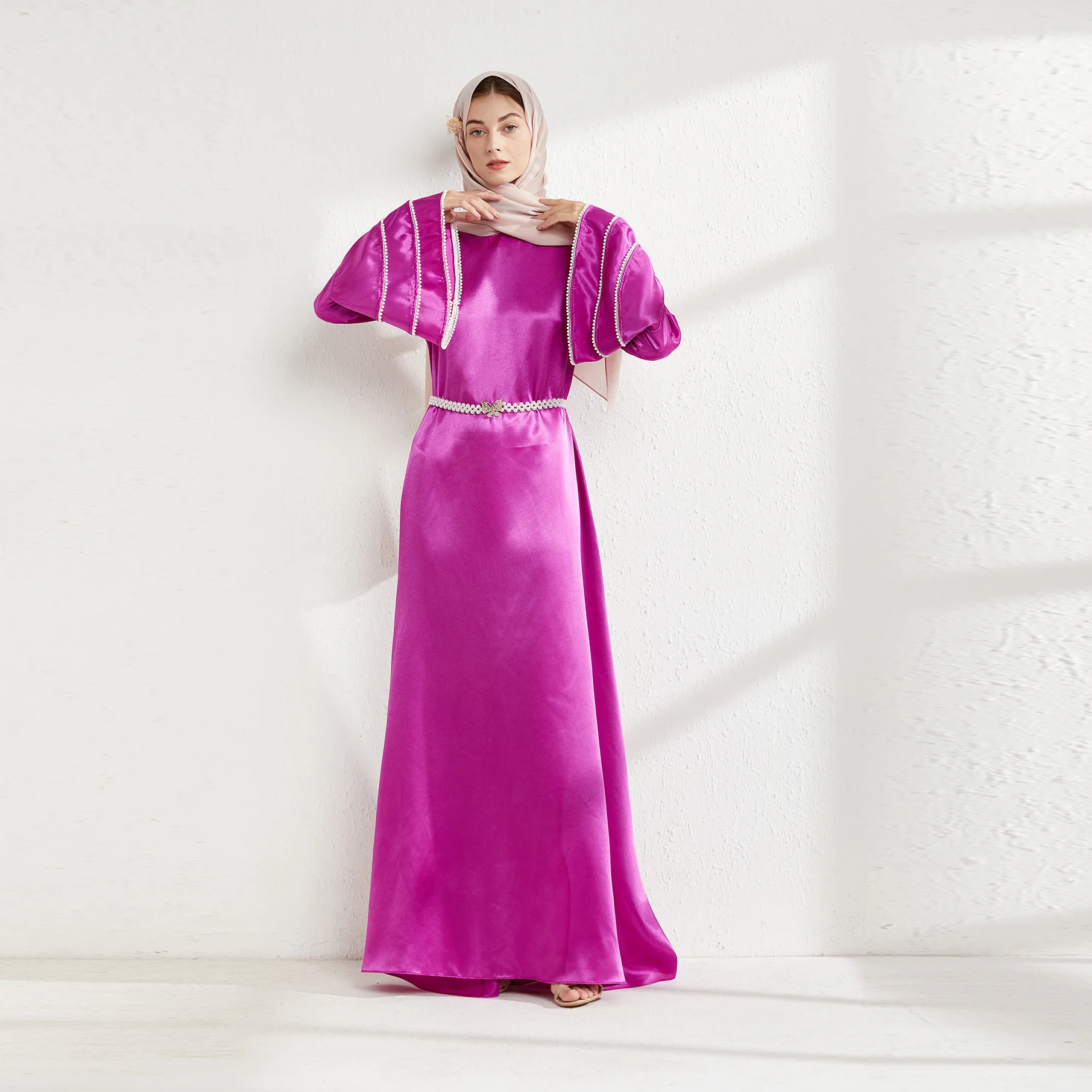 Женское платье с оборками на рукавах, свободное платье Среднего Востока с круглым вырезом и бусинами, 2022