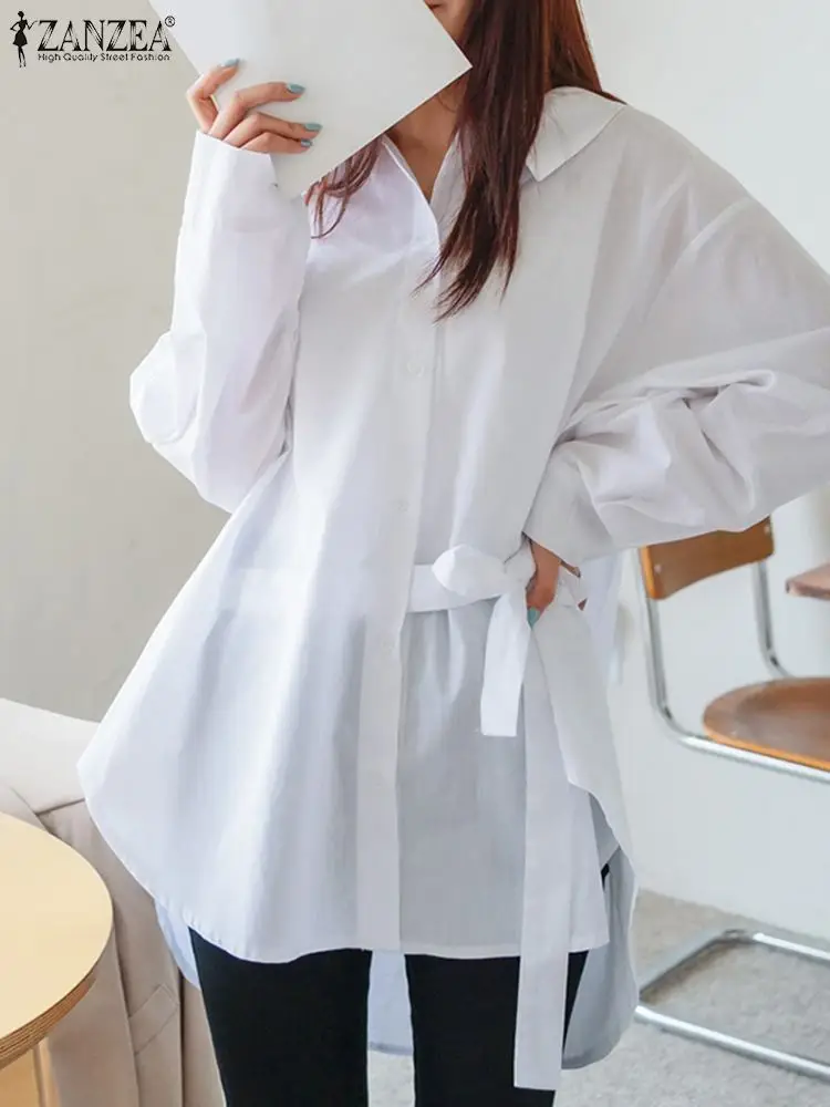 

2022 Fashion OL White Blouse Women Holiday Solid Shirt ZANZEA Spring Bandage Top Casual Long Sleeve Blusa Oversize Elegant Tunic