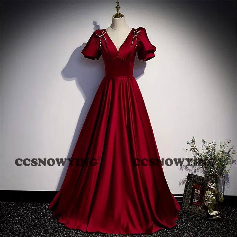 

Женское атласное платье с бусинами, бордовое Платье трапециевидного силуэта с V-образным вырезом для выпускного вечера, бальное платье для вечеринки