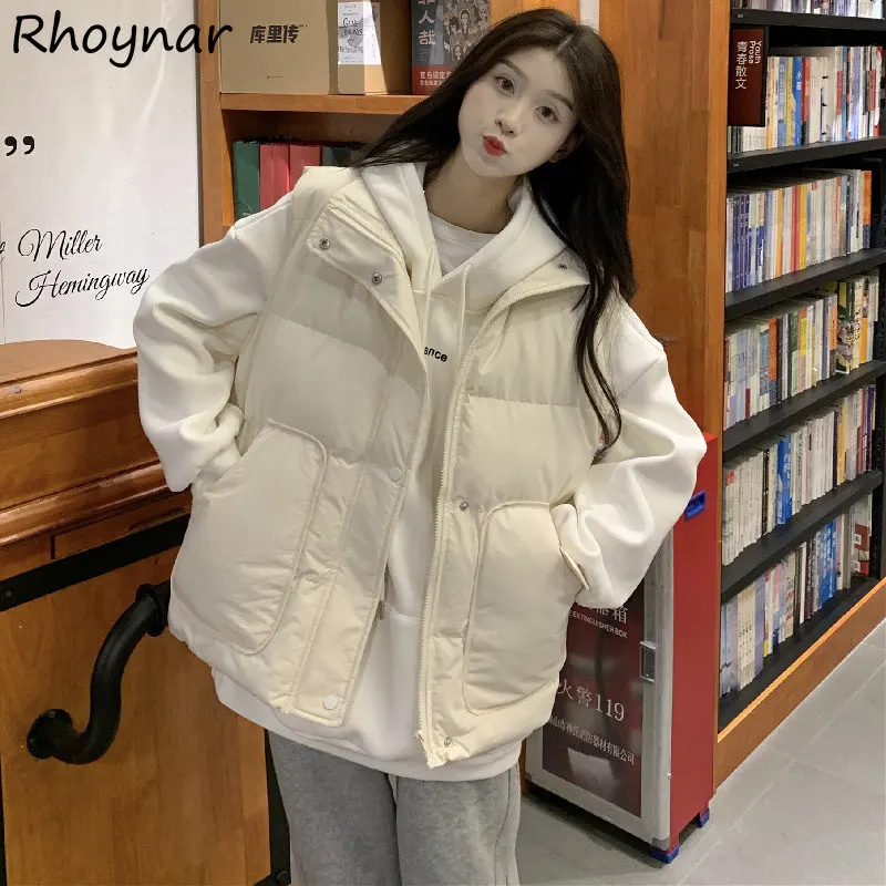 

Vests Women Coats Baggy Girlish Winter Thicken Куртка Зимняя Sleeveless Minimalist Korean Fashion Clothes Apricot Long Sleeve