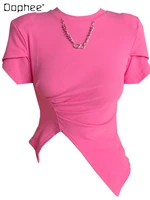 pure pink asymmetric chain short sleeve t shirts womens clothing 2022 summer new sweet irregular split tight tee top female