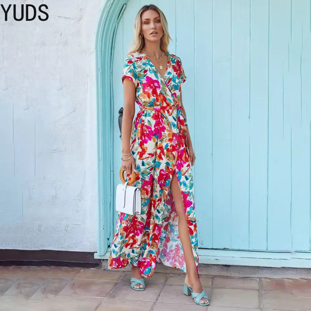 

2022 Fashion Floral Print Maxi Dress Women Summer Short Sleeve V Neck Sashes Casual Long Beach Dresses Elegant Vestidos Clothes