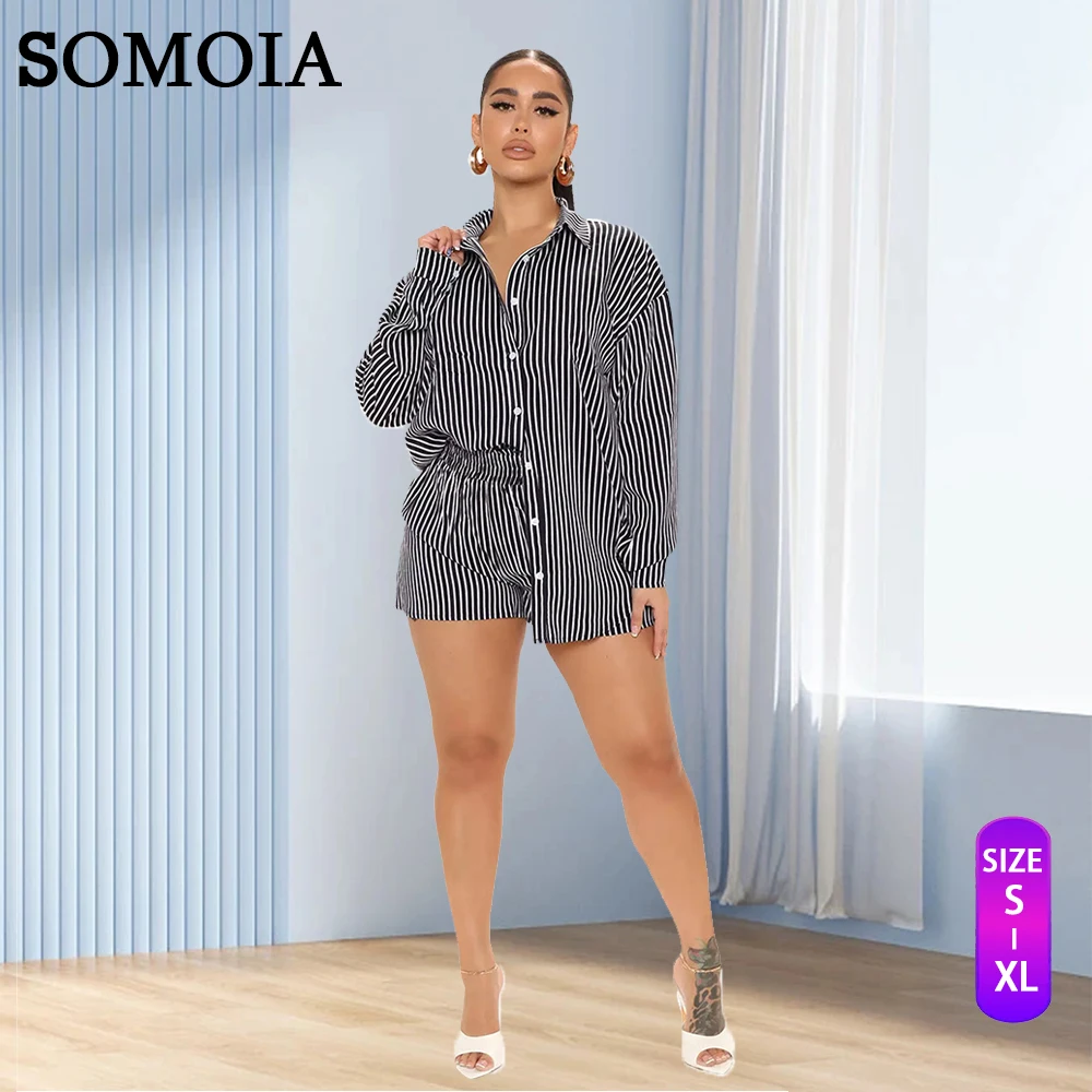 

SOMOIA S-XL модная свободная полосатая рубашка с длинным рукавом и шорты с карманами комплект из двух предметов комплект уличной одежды оптом Пр...
