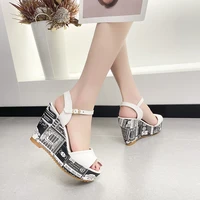 womens sandals wedge heel platform painted high heel sandals summer new fashion black white buckle open toe womens shoes