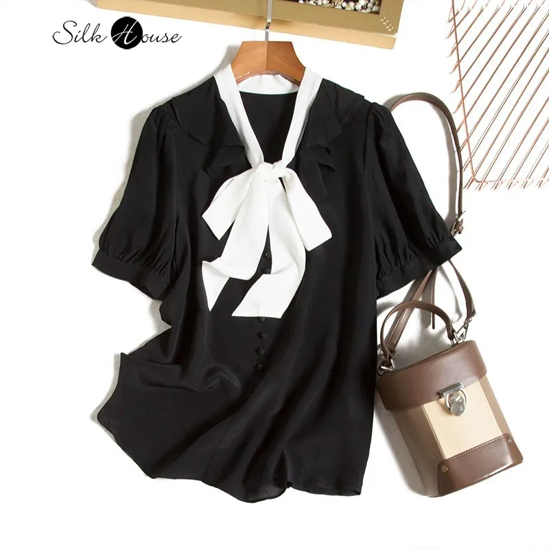 

2022 Summer New Short Sleeved Shirt 100% Natural Mulberry Silk Black Buckle Lace Up Women's Shirt