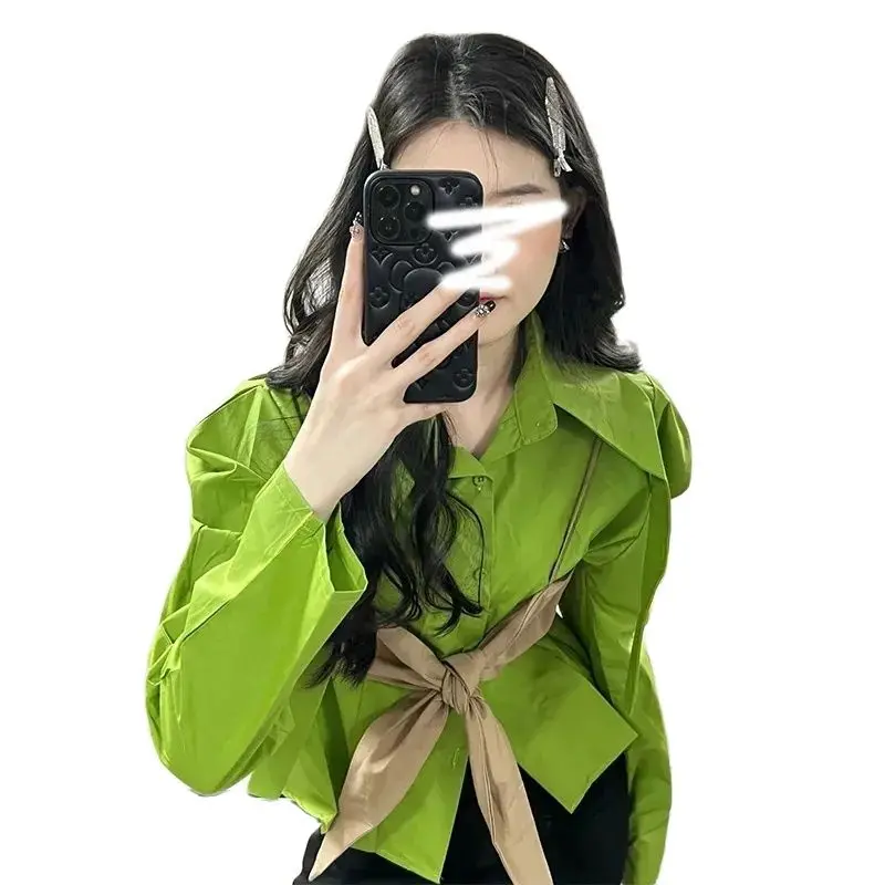 

Весенне-осенняя французская Роскошная однотонная зеленая блузка с небольшим ароматизированным дизайном Женский Уникальный Топ