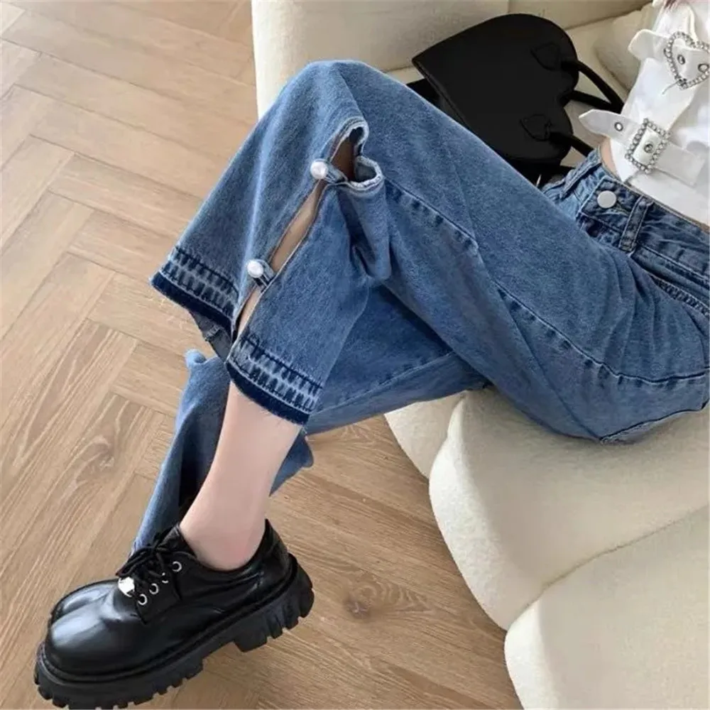 

Vintage Side-Slit Buttons Jeans Women Straight Stylish Flares Casual Streetwear Denim Pants 2023 Baggy Pantalon Mujer High Waist