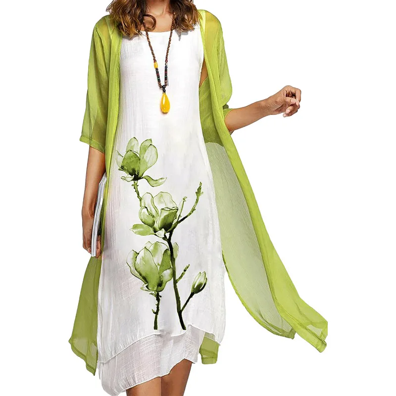

Summer Dress Two Piece Set For Women Sexy Sleeveless O-Neck Top Chic Tulle Mid Sleeve Shawl Printed Slim Dresses Ropa De Mujer