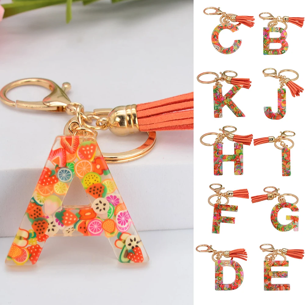 

Fruit Slice 26 English Letters Keychain with Orange Tassel Alphabet Key Rings For Women Girls Bag Car Handbag Chrams Gift