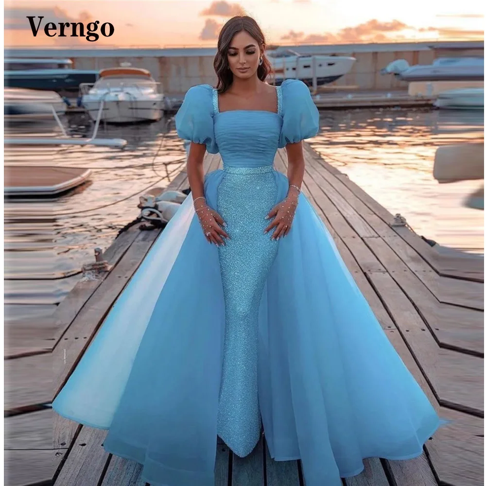 Verngo Modest Blue Glitter Mermaid Evening Dresses With Detachable Overskirt Puff Short Sleeves Dubai Womem Prom Gowns