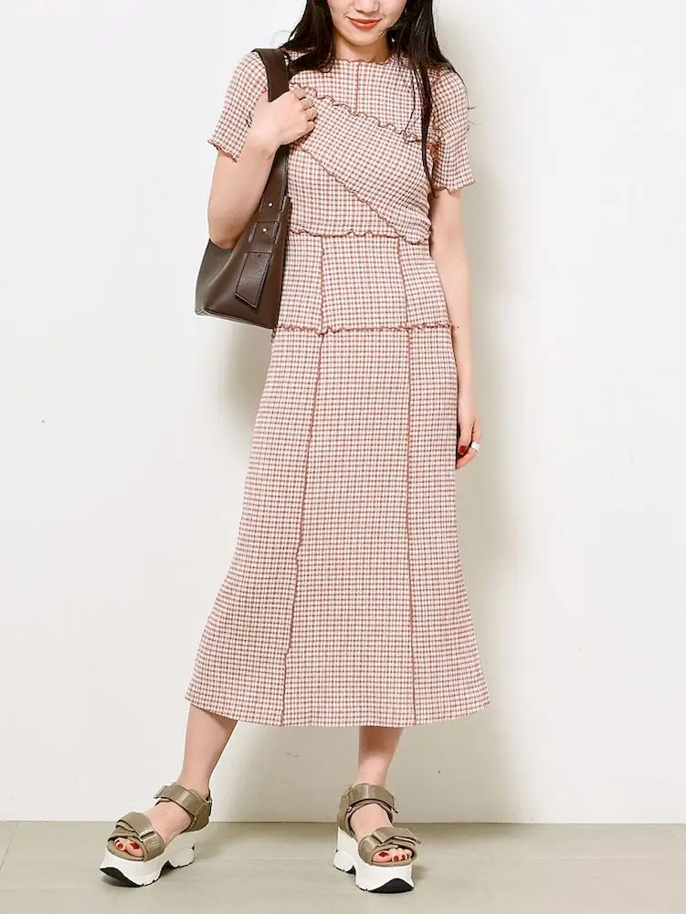 

iYunDo One Piece Ladies Midi Dresses Women Robes Elegant Short Sleeves Fungus Plaid Dress Summer New Korean Fashion Vestidos
