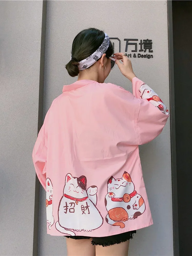 Woherb 2024 летняя милая блузка-кимоно с принтом мультяшного кота Блузы большого
