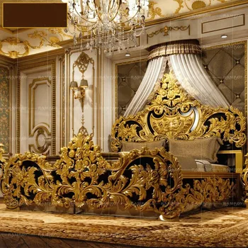 European Bed French high-end double bed villa bedroom gold foil king bed full solid wood carved Court Bed