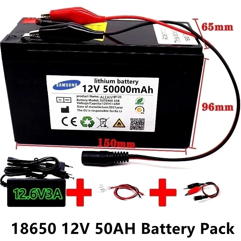 

12V 50Ah 50000mAh 18650 lithium battery pack built-in high current 30A BMS for sprayers, electric vehicle batterie+12.6V Charger