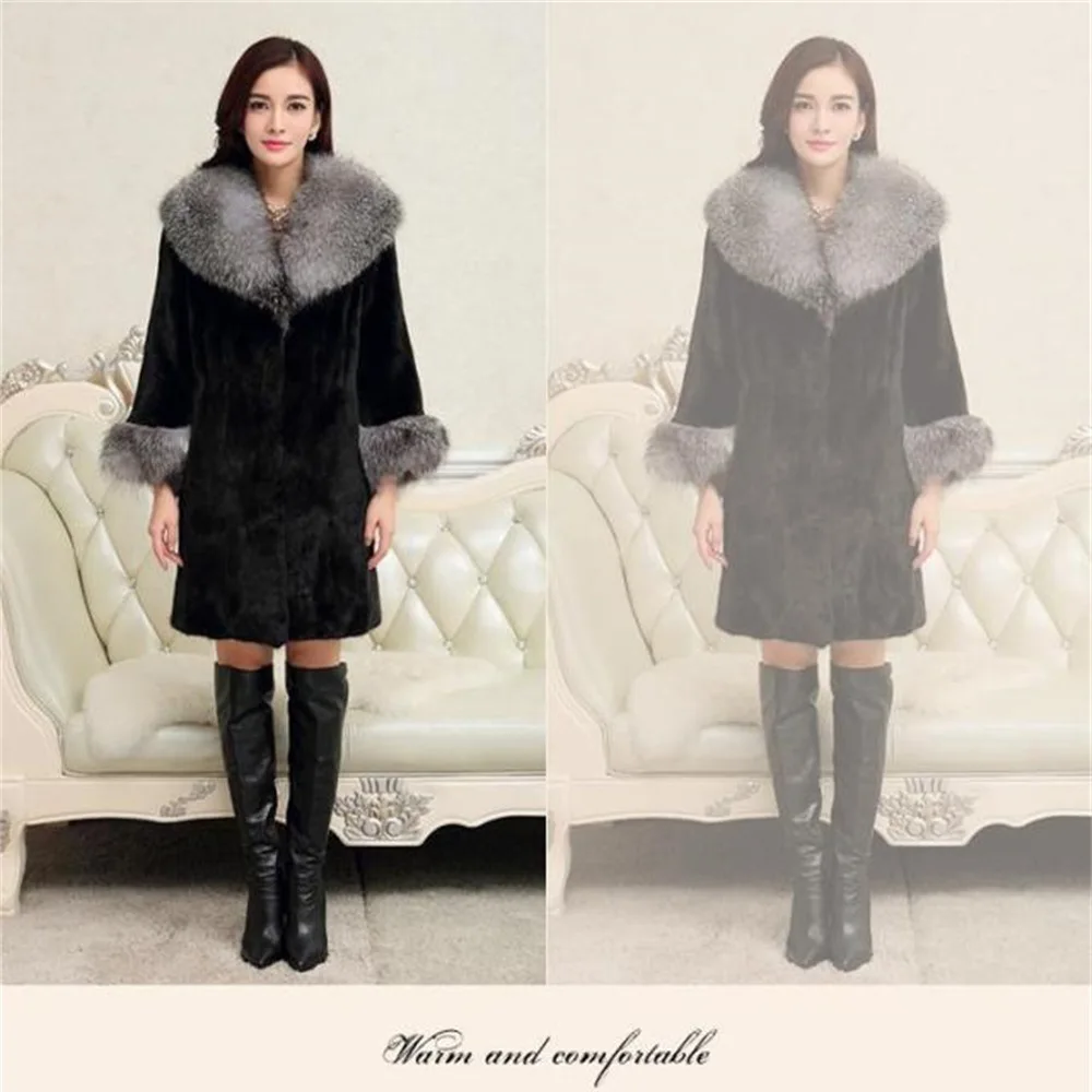 ICCLEK Imitation mink length coat women's autumn and winter fashion fox fur collar top women's slim large imitation fur coat