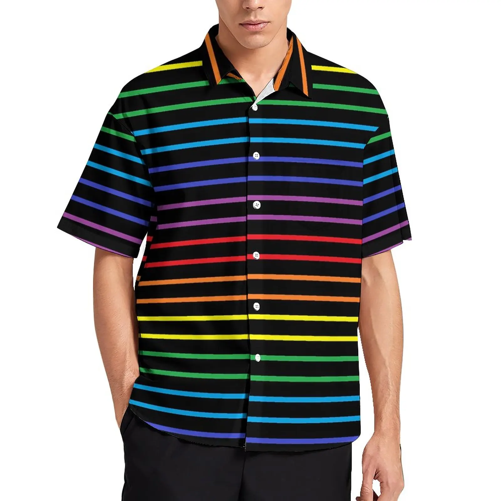 

Rainbow Stripes Casual Shirt Black Lines Print Vacation Loose Shirt Hawaiian Trendy Blouses Short Sleeve Pattern Oversized Tops