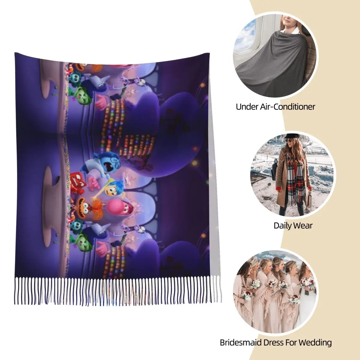 Women's Tassel Scarf Inside Out Emotions Group Large Super Soft Shawl and Wrap Cartoon Anime Anxiety Gifts Cashmere