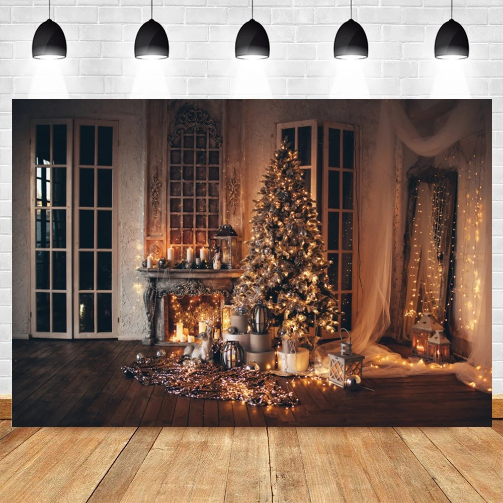 

Merry Christmas Photography Backdrop Photocall Glitter Tree Fireplace Baby Portrait Party Photographic Background Photo Studio