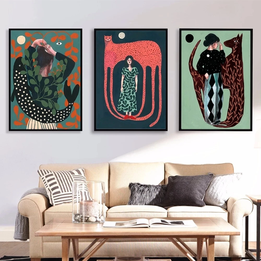 

Ретро-постер в скандинавском стиле, Картина на холсте с изображением женщины, животного, рыбы, растений, современная картина без рамки, гост...